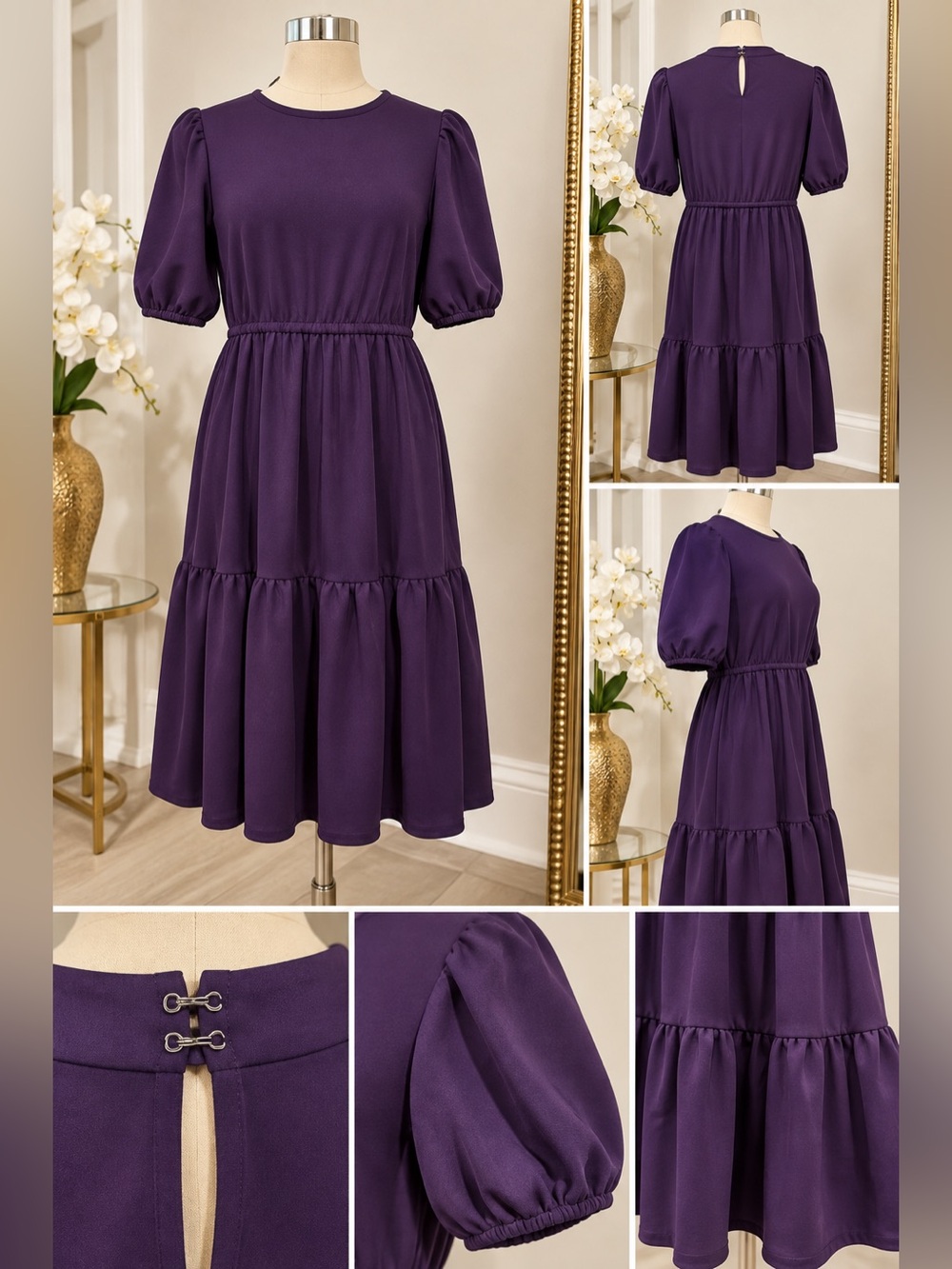 Leota Kimada Dress 2X NWT Purple Crown Jewel Puff Sleeve Tiered Midi